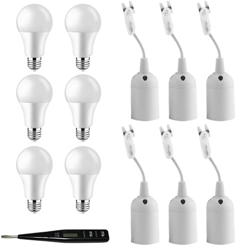 6 Portalampada E27 con cavo e tester di tensione, lampadina LED E27 da 15W bianco freddo, portalampada per ristrutturazione