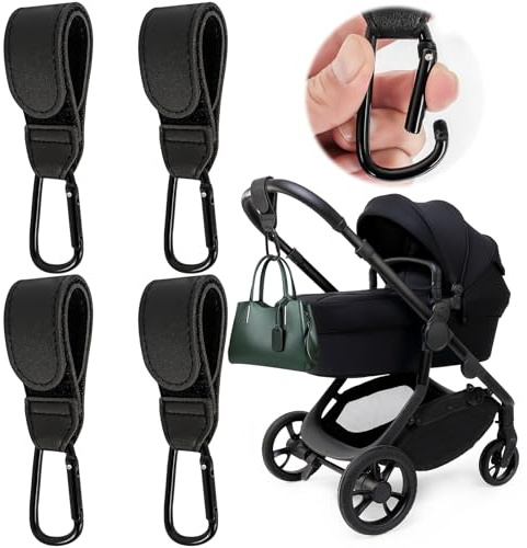 4 Pcs Leather Buggy Clips,Pram Hook Clip,Pram Rocker Clip for Bags，Buggy Bike Rocker Clip,Universal Pram Accessories for Pushchair,Shopping Bag,Backpack