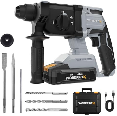 WORKPROX 20 V Cordless Hammer Drill, 2.0 J Brushless SDS Drill with 4 Functions, 4.0 Ah Battery, 360° Auxiliary Handle & LED Light, Rotary Hammer Drills for Concrete, Steel, Wood, Brick, Masonry
