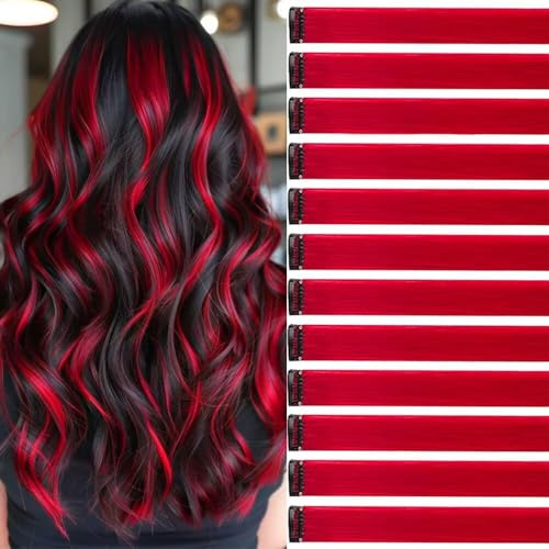 Rot Haarsträhnen Zum Einklipsen 12 Stück 55 cm Haarsträhnen für Zöpfe/Flechtfrisuren Clip in Extensions Einzelne Strähnen Bunte Haarsträhnen Kinder Haarverlängerungen Zubehör