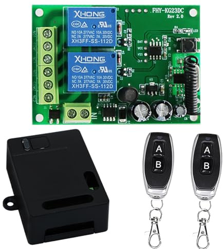 Bkiyougo DC 12V 24V 433mhz Wireless Radio Remote Control Switch RF Relay Receiver Board 2CH 10A with 2 Transmitter Key fobs for Motor, Light, Gate Door, DIY Controller