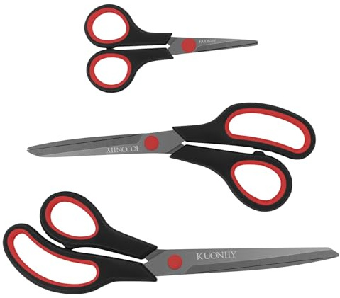 KUONIIY Set di forbici 3 pezzi con rivestimento in titanio con impugnatura morbida, lame affilate, nero-rosso
