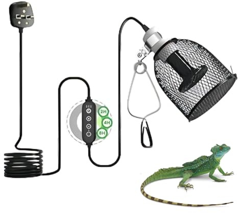 AXVRAV Lámpara de calor para reptiles con cesta protectora y temporizador, pantalla de reptiles, portalámparas de terrario, casquillo E27, con 1 lámpara de calefacción de cerámica de 75 W, luz de