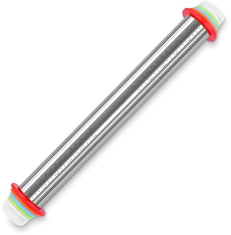 Stainless Steel Rolling Pin Adjustable with Thickness Rings & Measurement Markings – Non-Stick Pastry & Dough Roller for Baking, Cookies & Pizza – Dishwasher Safe
