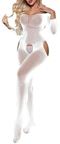 Generico Tuta Sexy Da Donna - Fishnet Body Bodystocking Senza Schienale Tuta Aderente Bodycon Rete Trasparente Jumpsuit Catsuit Babydoll Un Pezzi