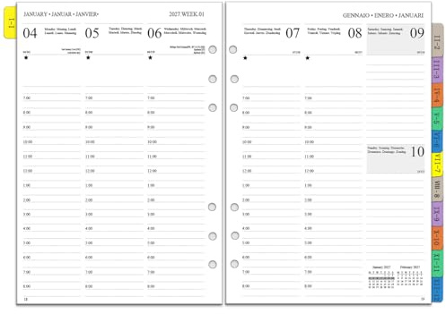 Recharge Agenda Semainier 2027 A5, Planificateur Hebdomadaire et Mensuel avec Onglets, Multilingue, Contacts, Notes et Fériés