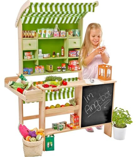 tanner DER KLEINE KAUFMANN TANNER Deco - Großer Biomarkt, mit Miniatur Lebensmitteln, Zubehör für Kaufmannsladen, lebensmittelechtes Design, 0346.8