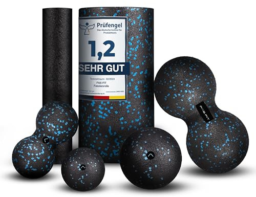 Fas Fit,Juego de rodillos para fascia de 4 o 6 piezas,rodillos de masaje y pelotas de fascia,rodillo de espalda, Negro/azul – Juego 6 en 1.
