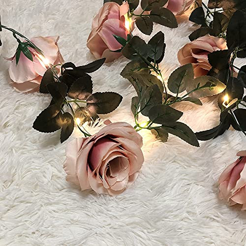 GUOCHENG Flower Garland Lights with Timer, 2.45m Artificial Hanging Rose LED Strings Battery Power Wreath Lights for Christmas Wedding Party Home Indoor Decorations-Rosybrown