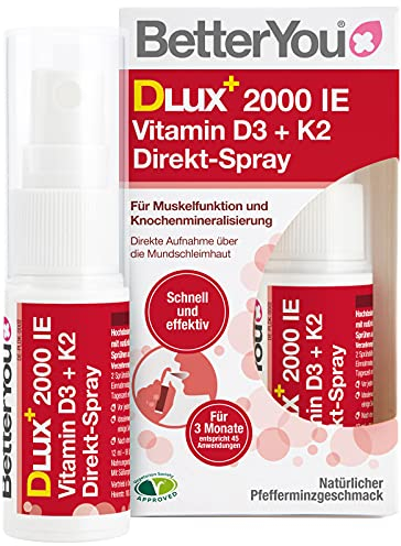 BetterYou Vitamin D3+K2 Direkt-Spray - Zum Sprühen auf die Mundschleimhaut - hohe Bioverfügbarkeit - mit natürlichen Pfefferminzgeschmack - praktisch, schnell & effektiv - 12 ml