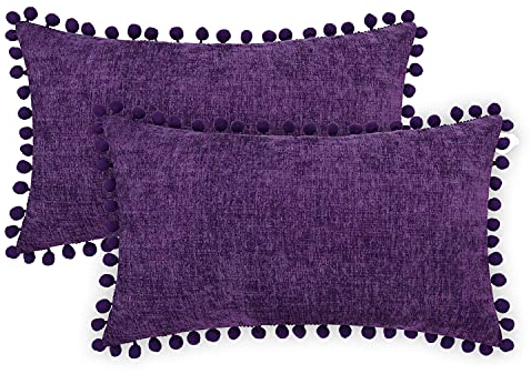 CaliTime Kissenbezüge, gemütlich, einfarbig, weich, Chenille, mit Pompons, für Couch, Sofa, Heimdekoration, 30 cm x 50 cm, Violett, 2 Stück