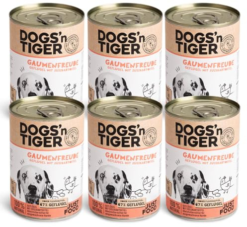 Dogs'n Tiger Adult Lot de 6 boîtes de pâtée pour Chiens - Formule avec 67% de Viande de volaille - sans Sucre, céréales et arômes artificiels - 6 x 400 g