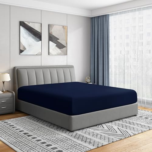 Cathay Home Twin Fitted Sheet - Double Brushed Ultra Soft – Wrinkle & Fade Resistant - 14 Standard Pocket Fitted Sheet Only - Good Fit for 12-16 Deep Mattress (Twin, Navy)