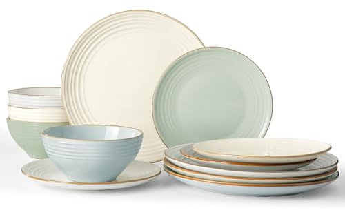 Famiware Jupiter Stoneware Dinnerware Sets, Handcrafted Plates and Bowls with Embossed Swirl & Speckles, Multi-Color - Chip & Scratch Resistant, Dishwasher & Microwave Safe Dishes for 4 (12-Piece)