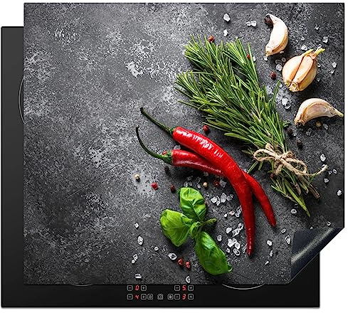 KitchenYeah© Protege Plaque Induction 57x51 cm Decoration Cuisine Tapis de Protection Pour Plan De Travail Cuisson Protégé Poivre - Herbes - Epices - Béton