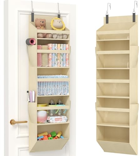 Lifewit Organizador Colgante con 4 Bolsillos Laterales y 2 Ganchos, Estantería Colgante, Carga 18 kg (40 lbs), Organizador de Pared para Dormitorio, Baño, 5 Estantes, 5 Compartimentos, Beige