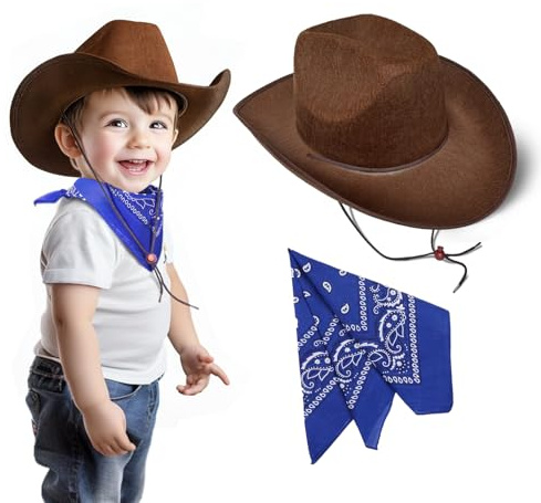 SeptCity Toddler Cowboy Hat and Blue Bandana for Age 2-5, Baby Infant Gift for Halloween Birthday Western Parties (Brown)