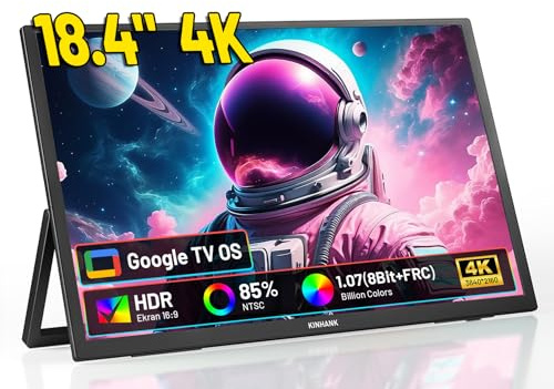18.4 Zoll Portable Monitor 4K mit GTV OS, HDR|85% NTSC| 3840*2160 UHD Tragbarer Mobiler Monitor mit Halterung, Externer Bildschirm für Laptop PC Smartphone XBO Switch PS5 USB C HDMI, VESA-Montierbar