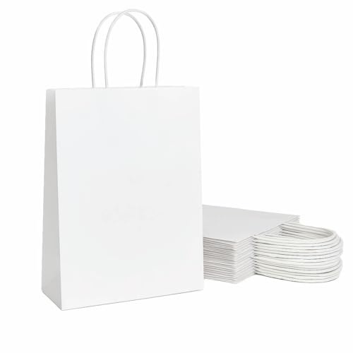 masquepack - Pack 50 Unidades Bolsas de Papel Kraft Blanca 32x12x40 cm con Asa Rizada, Reciclables y Resistentes (Kraft Blanco, 32x12x40 cm - Pack 50 Unidades)