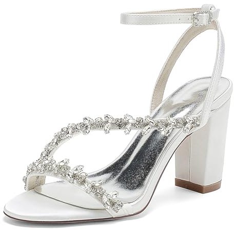 FGRID Scarpe da Sposa con Tacco Grosso e Strass da Donna, Sandali da Sposa con Punta Aperta e Tacco a Blocco, décolleté da Ballo in Raso con Cinturino alla Caviglia,Bianca,37