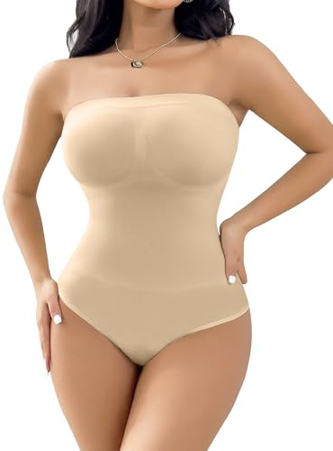 SheBuddy Women's Strapless Shapewear Triangle Bodysuit Tummy Control Seamless Sculpted Body Shaper with Removable Straps