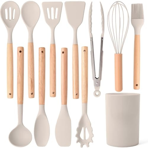 Ensemble de 12 ustensiles de cuisine en silicone avec poignées en bois – Outils de cuisson résistants à la chaleur, antiadhésifs, avec support, lavables au lave-vaisselle (A)