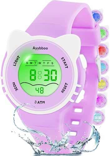 Ayybboo Reloj Niño Digital Infantil con 7 Luces LED,Impermeable 3 ATM, Alarma,Fecha,Cronómetro,Reloj Deportivo de Pulsera para Niñas y Niños,Regalo Ideal