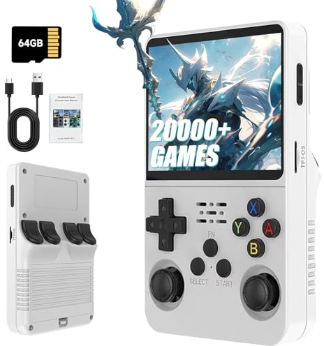 R36S Retro Handheld Games Console, 20,000+ Classic Games Portable Pocket Video Player with 3.5 Inch HD Screen, 64G TF Card, Open Source Linux System Screen for Teens and Adults (White 64G)