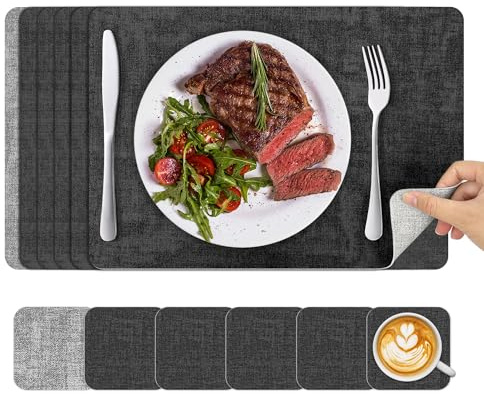 KitchenBoss Manteles Individuales Lavables: Juego de 6 Manteles Individuales Plastico y Posavasos | Doble Cara, Antideslizante, Resistentes al Calor | Salvamanteles Individuales Impermeables