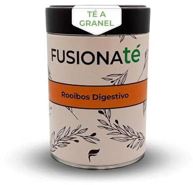FUSIONATÉ Rooibos Digestivo a Granel, Lata 150 g de Infusión Natural con Manzanilla, Menta Poleo, Hierbaluisa, Anís, Azahar, Rosas y Jengibre, Sin Teína, Calmante y Aromática