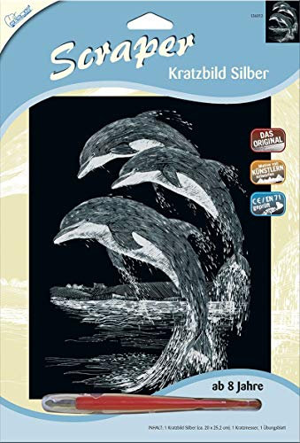 MAMMUT 136013 Kratzbild, Motiv Delfine, silber, glänzend, Komplettset mit Kratzmesser und Übungsblatt, Scraper, Scratch, Kritzel, Kratzset für Kinder ab 8 Jahre
