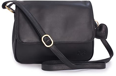 Gigi - Damen Leder Umhängetasche - Crossbody Bag Mittelgroß - Verstellbarer Schultergurt - mit Herz Schlüsselring - OTHELLO 1008 - Schwarz