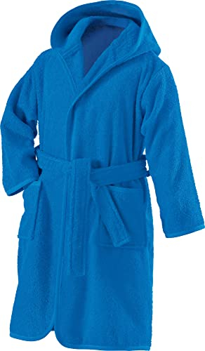 Erwin Müller Kinder-Bademantel mit Kapuze Uni Frottier blau Größe 158/164 - weich, flauschig, saugstark, mit Bindegürtel und Taschen, 100% Baumwolle