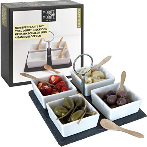 Moritz & Moritz 4x Weiße Dipschalen Set mit Schieferplatte - Dip Schälchen für Snacks - Snack Schalen Set Keramik - Dip Schalen Set - Kleine Schüsseln als Saucenschälchen, Snackschalen, Dessertschalen