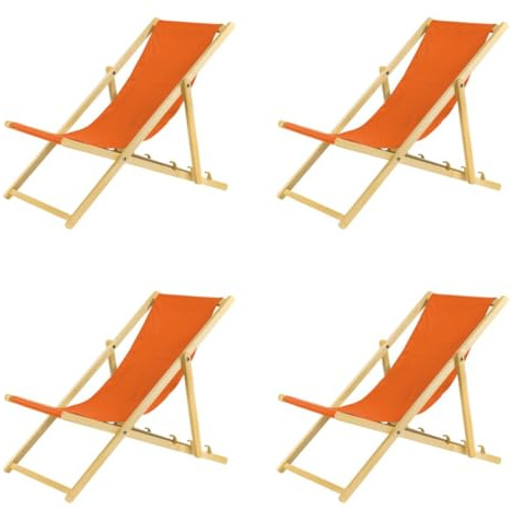 BAS Liegestuhl klappbar aus Holz - 4er Set orange Leichte Klappliege - Faltbare & verstellbare Sonnenliege für Garten, Strand & Balkon - Gartenliege mit Atmungsaktiv Stoffbezug - Mischgewebe