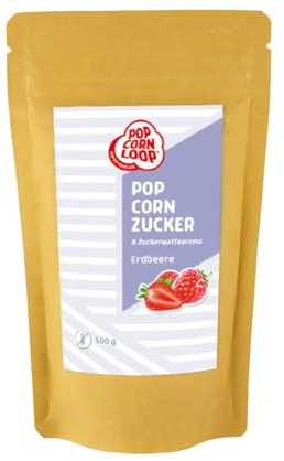 Popcornloop® Popcorn und Zuckerwatte Zucker ERDBEERE 500gr Aroma perfekt geeignet für Zuckerwatte und Popcorn zum zubereiten Zuhause Süßes Premium Zuckeraroma