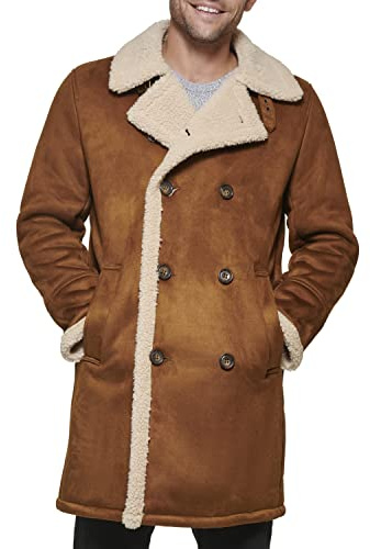 Dockers Men's Faux Shearling Midlength Overcoat, Cognac, Large