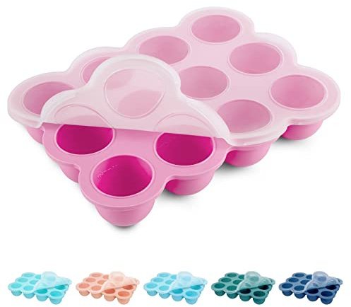 Contenedor de almacenamiento de alimentos para bebés, bandeja de silicona para congeladores de alimentos para bebés con tapa, purés de frutas y verduras, y leche materna (rosa)