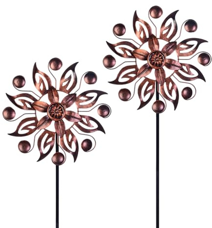 VEWOGARDEN 2 molinillos de viento metálicos, decoración de patio, esculturas de viento de cobre para exteriores, jardín, patio y césped, 25,4 cm de diámetro x 94 cm de alto
