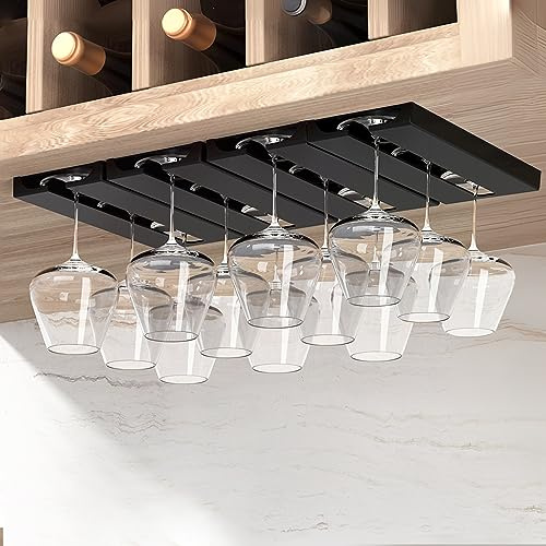AQJUNONG Wine Glass Holder Under Shelf，4 Pack Wine Glass Rack - Punch-free Under Cabinet Stemware Wine Glass Holder Glasses Storage Hanger plastic Organizer for Bar self-adhesive（Classic Black）