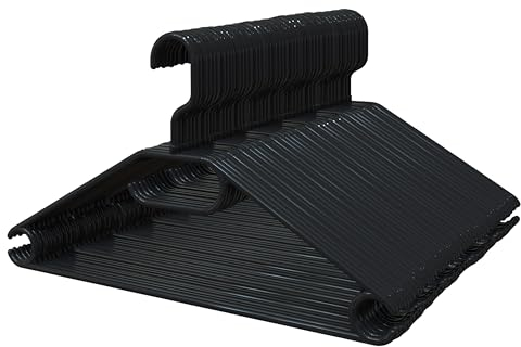 PORTENTUM Kleiderbügel aus 100% Recyceltem Kunststoff, 50 Stück, Schwarz. Für Alle Kleidungsarten, 360º Drehbarer Haken, Platzsparend, Zubehörhalter, Haken für Kleider, Blusen & Röcke, Made in Spain