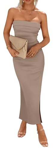 PRETTYGARDEN Women's Summer Bodycon Maxi Tube Dress Ribbed Strapless Side Slit Long Going Out Casual Elegant Party Dresses (Khaki,Small)