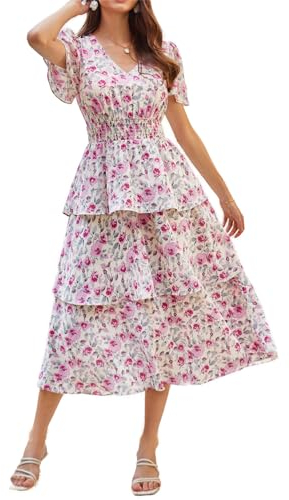 Frühling Sommer Herbst Damen Süß A-Linie Kleid Casual Vintage V-Ausschnitt Kurzarm Maxi Kleid für Ferien Cocktail S Rosa Blume