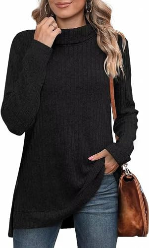 MSIYOW Jersey de Cuello Alto Mujer Invierno Pullover Largo Elegante Suéter Casual Talla Grande(S, Negro)