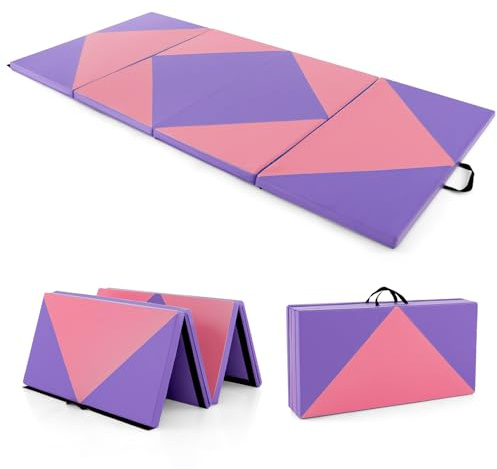 GYMAX Tapis de Gymnastique Pliable Épais 240x116x5cm, Combinaisonable avec Attaches Auto-Agrippante, Portable avec Poignée de Transport, pour Fitness, Exercice, Yoga, Étirement, Pilate (Violet+Rose)