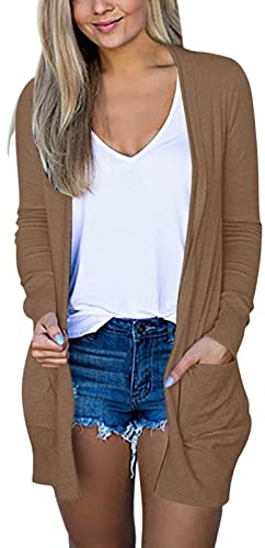 Cardigan d'été long pour femme - Léger et fin - Couleur unie - Veste de loisirs ouverte sur le devant - Pull en tricot ample - Manches longues - Confortable - Cardigan avec poches