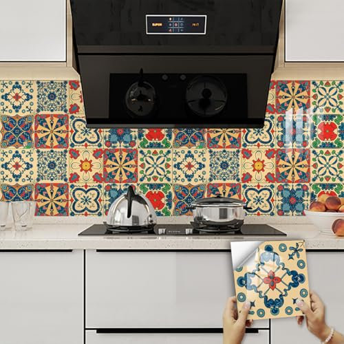 Tile Stickers 20x20 cm Retro Blue Red Self Adhesive Wall Tiles Waterproof Stick on Tiles Bathroom Kitchen Tile Stickers Stick on Wall Tiles Decor Self Adhesive Tiles 10 Pcs