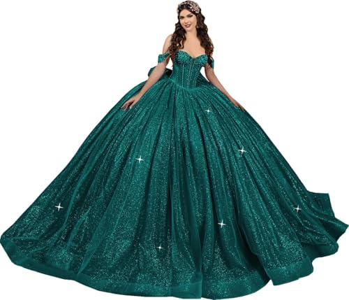 Fuomomo Vestidos de quinceañera con Brillo Lazo abullonados Cuentas Hombros Descubiertos Elegantes Vestidos de 16 años MT056
