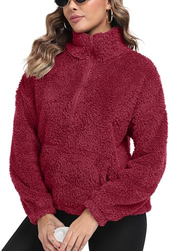 IWOLLENCE Damtröja vinter teddy jacka dam fleece gosig jacka sherpajacka varm sweatshirt utan huva troyer halv dragkedja tröja, Burgund, L
