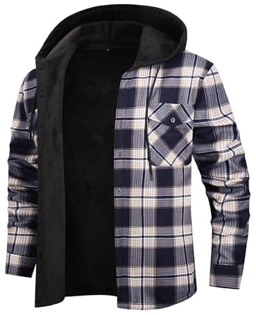 Iris Sprite - Camicia da uomo a quadri imbottita, calda, foderata, a maniche lunghe, con tasche, camicia a quadri con cappuccio da uomo, cachi, L